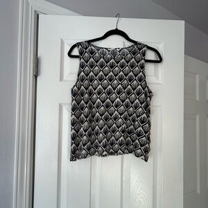 C&C California 100% Linen Button Side Ivory & Navy Print Cropped Tank Top L